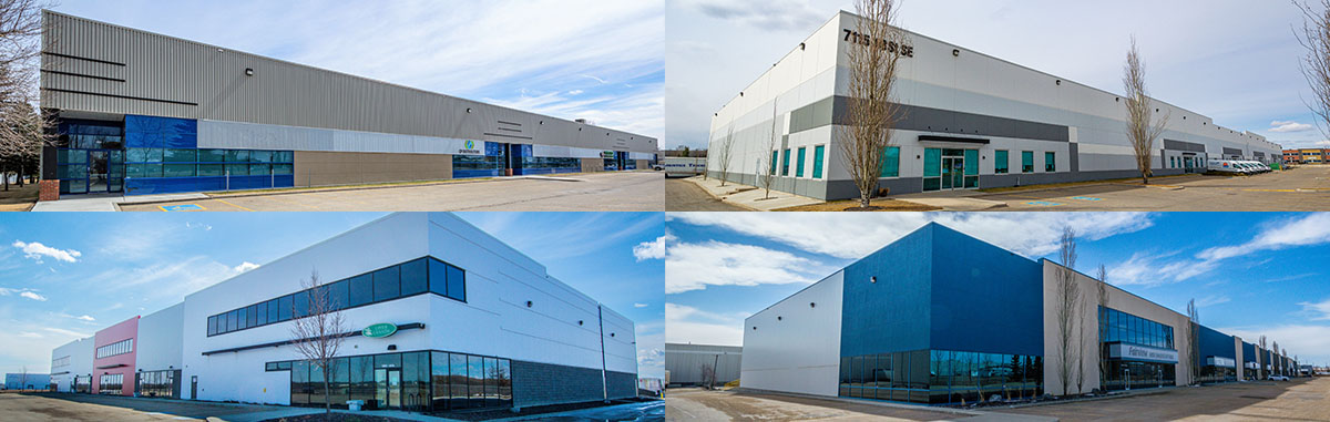 A collage of Calgary and Edmonton industrial properties purchased by Skyline Industrial REIT on September 8, 2022.