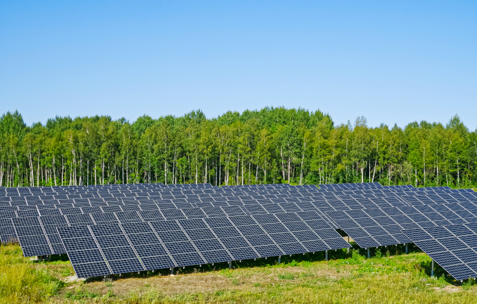 Solar power plant in summer day with beautiful trees and pasture.