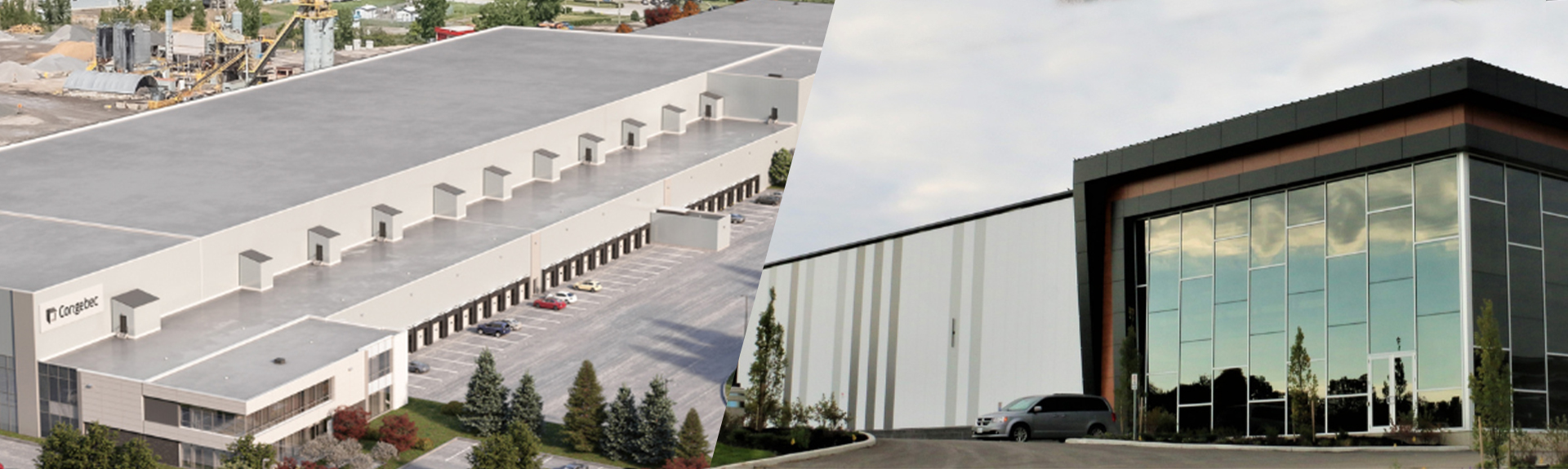 Exterior shots of industrial properties in Mascouche, Quebec, and Woodstock, Ontario