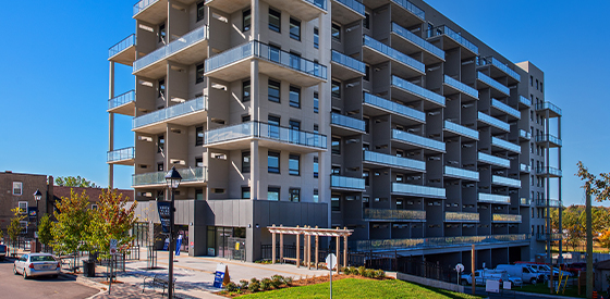 Exterior of an apartment property at 49 Queen Street East in Cambridge, Ontario.