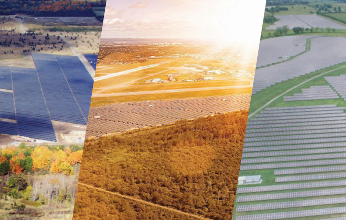 Overhead view of a field of solar panel installations in Ontario.