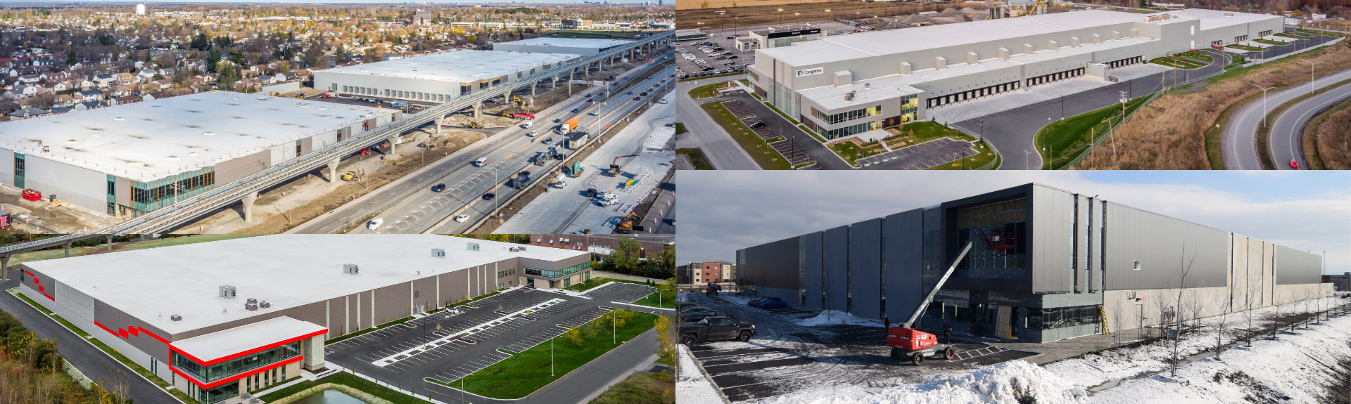 A split image of four, nearly compete industrial development projects