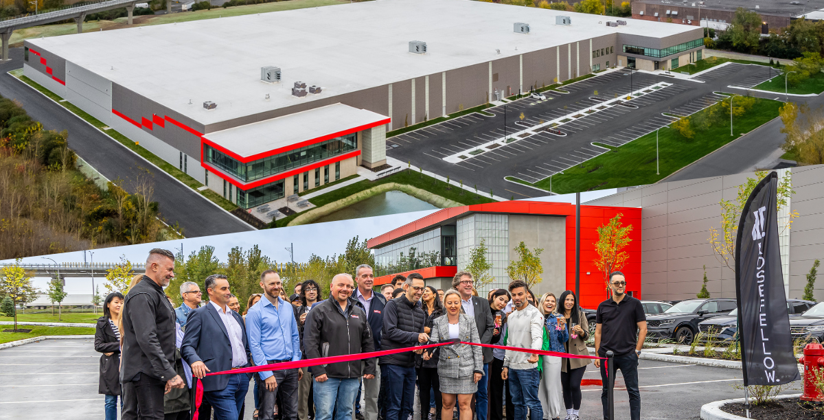 A split image of 555 & 565 Avenue Victor Davis, Pointe-Claire, Quebec. Exterior ariel image of building with red side paneling (top), and group of people holding a ribbon in front of the building (bottom).