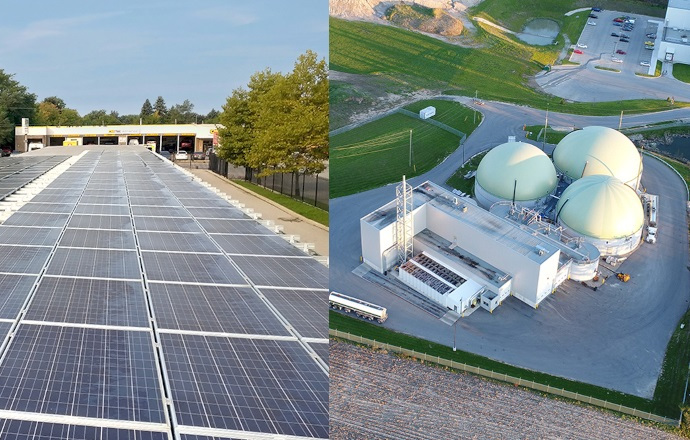 Split view of a Bio Gas facility and a solar farm
