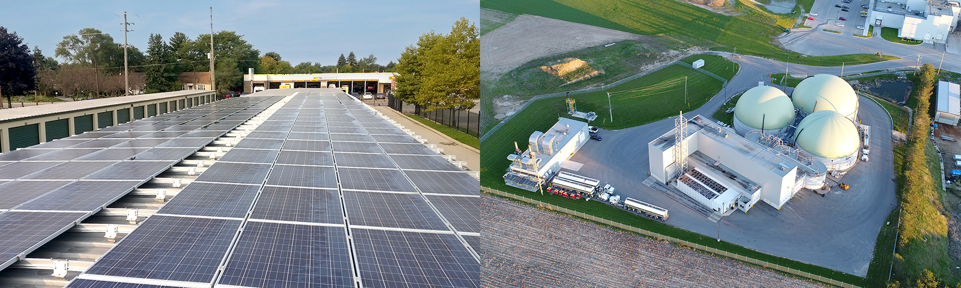 Split view of a Bio Gas facility and a solar farm