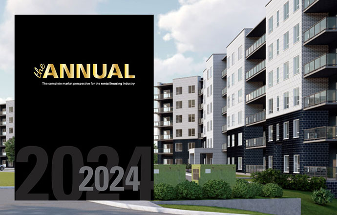 Exterior of an apartment building with badge overlay, reading “Top 10 REITs in Canada”