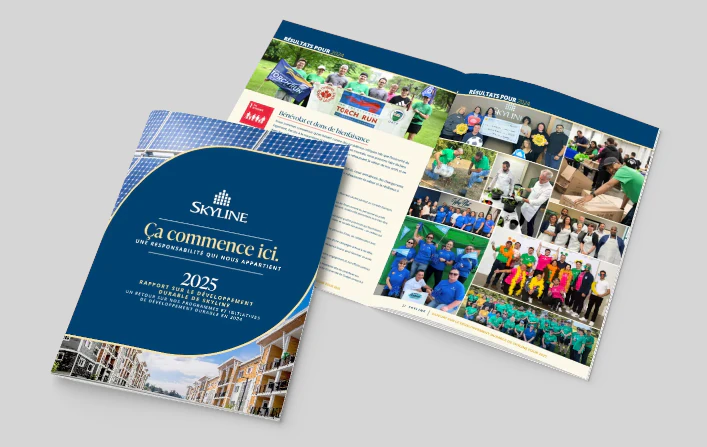 Couverture et page intérieure du rapport sur le développement durable de Skyline pour 2025 en format PDF. Lien pour consulter ou télécharger le rapport.