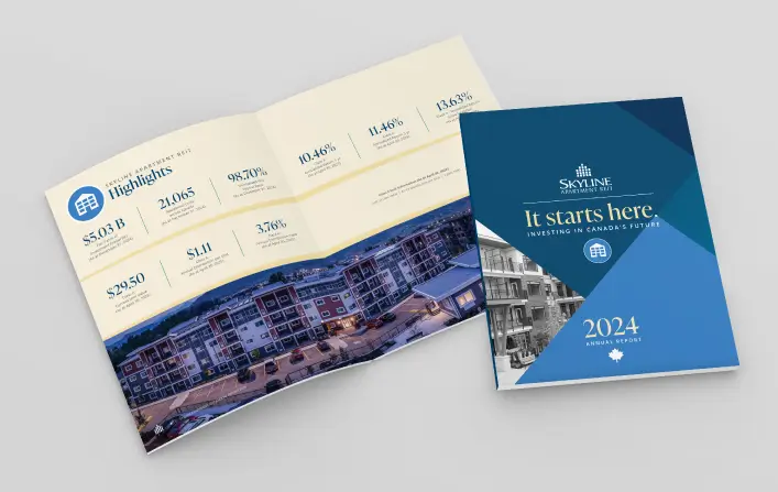 Cover and inner page of the Skyline Apartment REIT 2024 Annual Report PDF. Link to download or view the report.