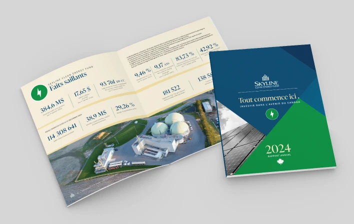 Couverture et page intérieure du rapport annuel 2024 de Skyline Clean Energy Fund en format PDF. Lien pour consulter ou télécharger le rapport.