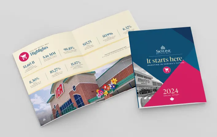 Cover and inner page of the Skyline Retail REIT 2024 Annual Report PDF. Link to download or view the report.
