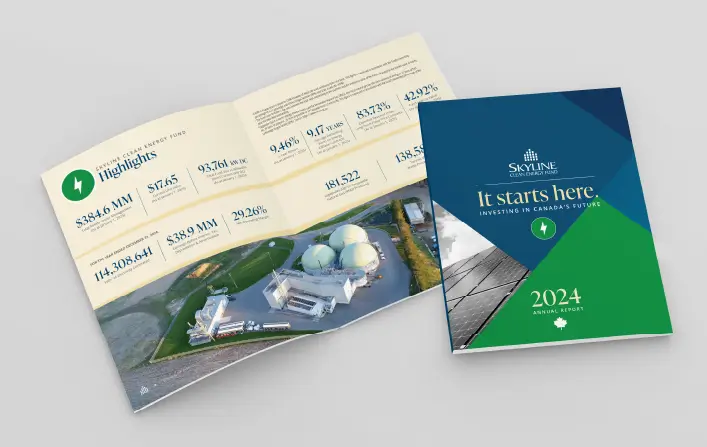 Cover and inner page of the Skyline Clean Energy Fund 2024 Annual Report PDF. Link to download or view the report.