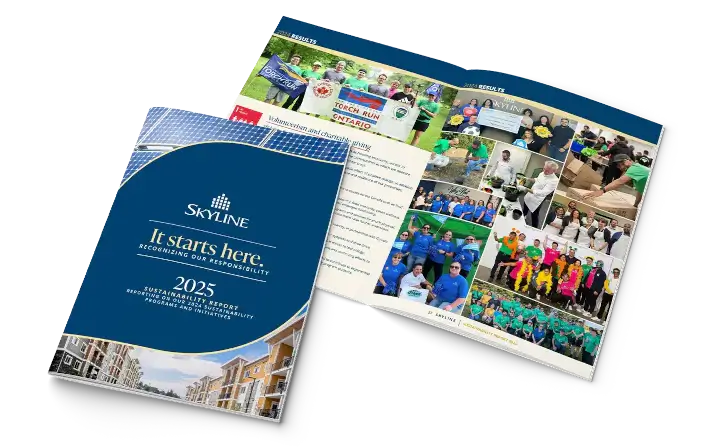 Cover and inner page of the Skyline 2025 Sustainability Report PDF. Link to download or view the report.