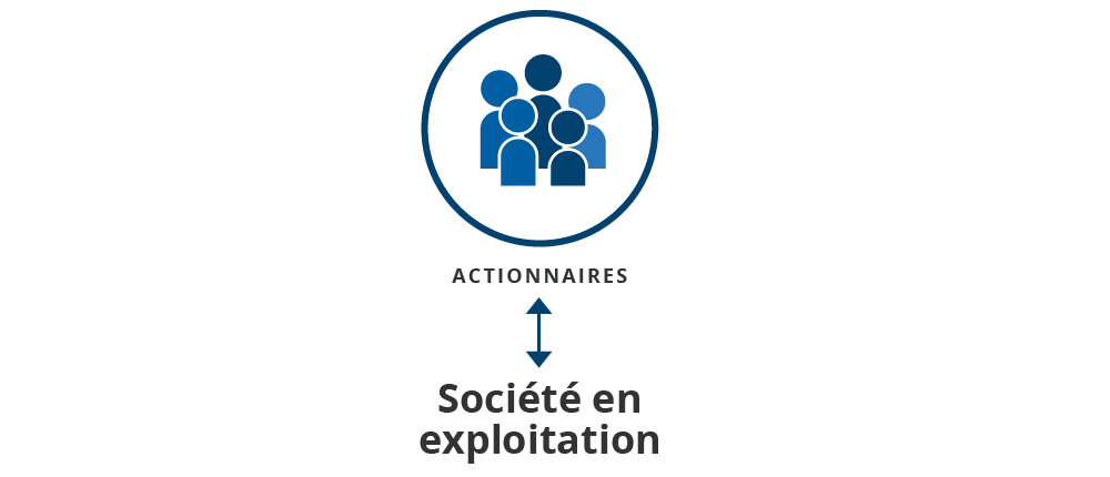 Un cercle bleu contenant cinq personnes, avec le mot « Actionnaires » en dessous, suivi d’une flèche à double pointe vers un texte plus grand indiquant « Société en exploitation ».