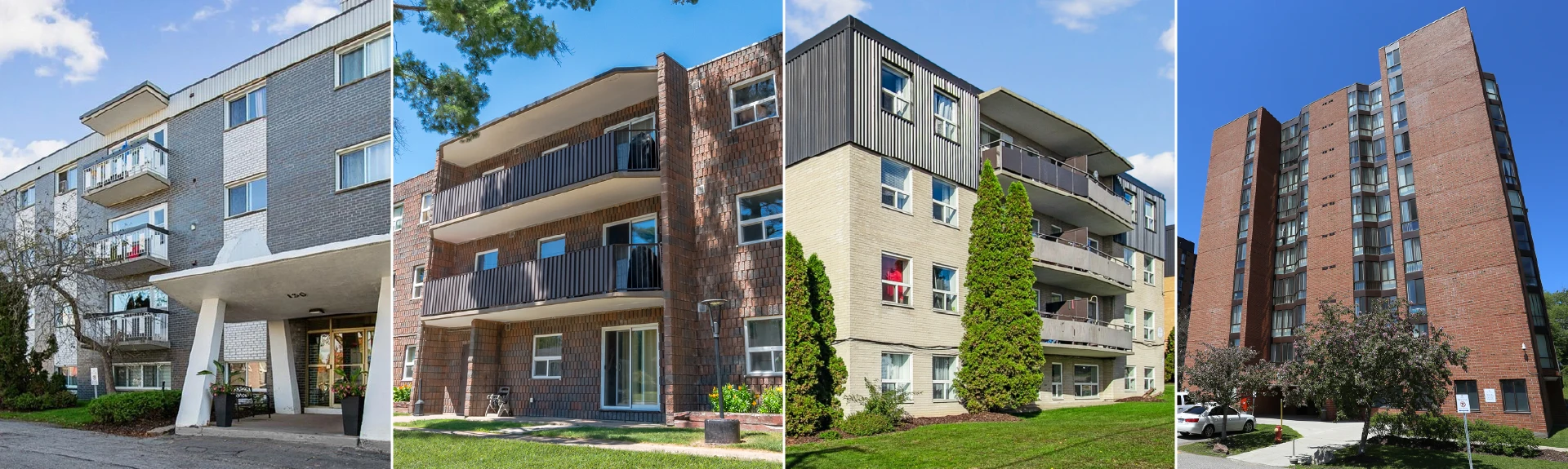 Multiple exterior views of apartment properties in Sault Ste. Marie.